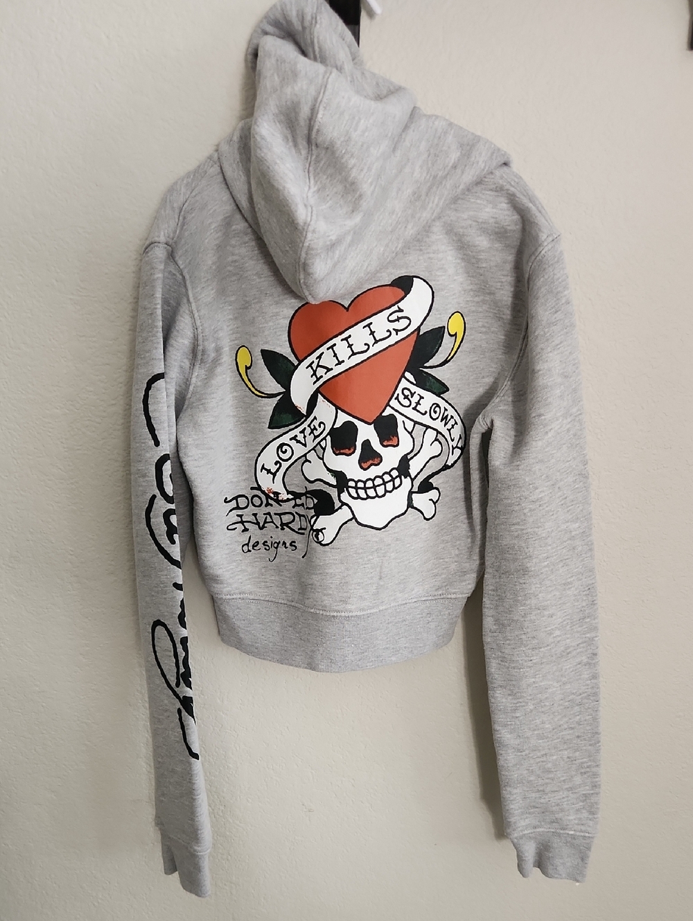 NEW ED HARDY Grey Graphic Zip-Up Hoodie Sweatshirt - Women